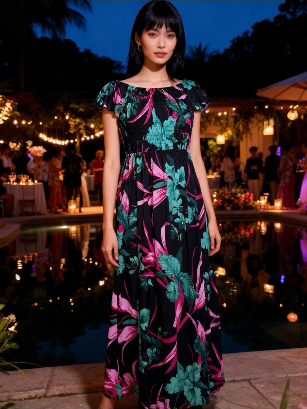 Floral One-Shoulder Maxi Dress in Black with Pink & Teal Print